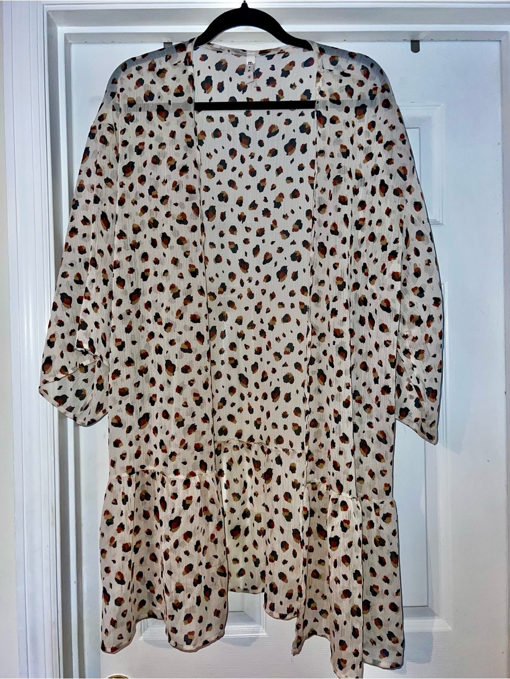 mts Cream Leopard Print Open-Front Ruffle Kimono
